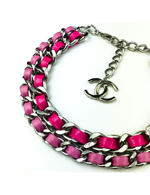 Ras de cou CHANEL chaine entrelacée de cuir rose