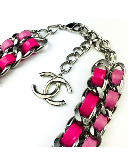 Ras de cou CHANEL chaine entrelacée de cuir rose