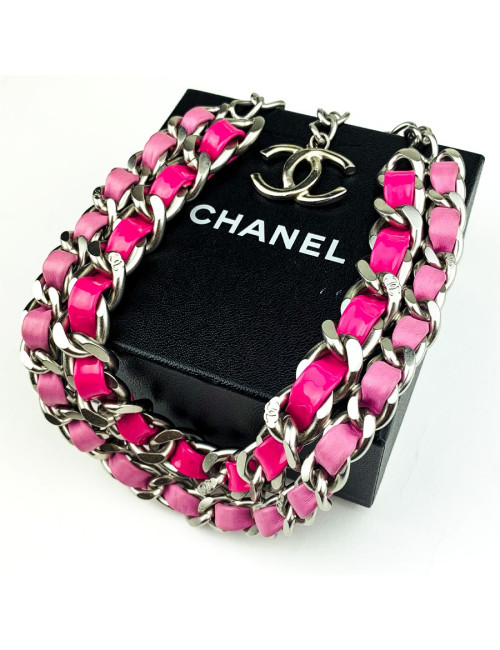 Ras de cou CHANEL chaine entrelacée de cuir rose