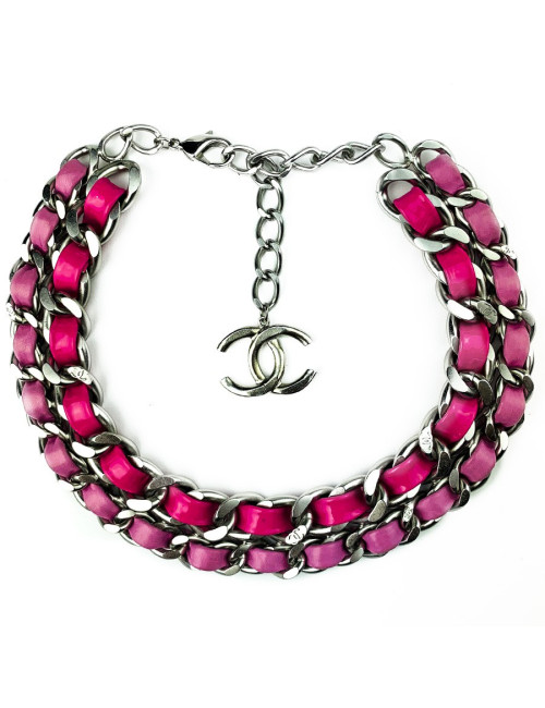 Ras de cou CHANEL chaine entrelacée de cuir rose