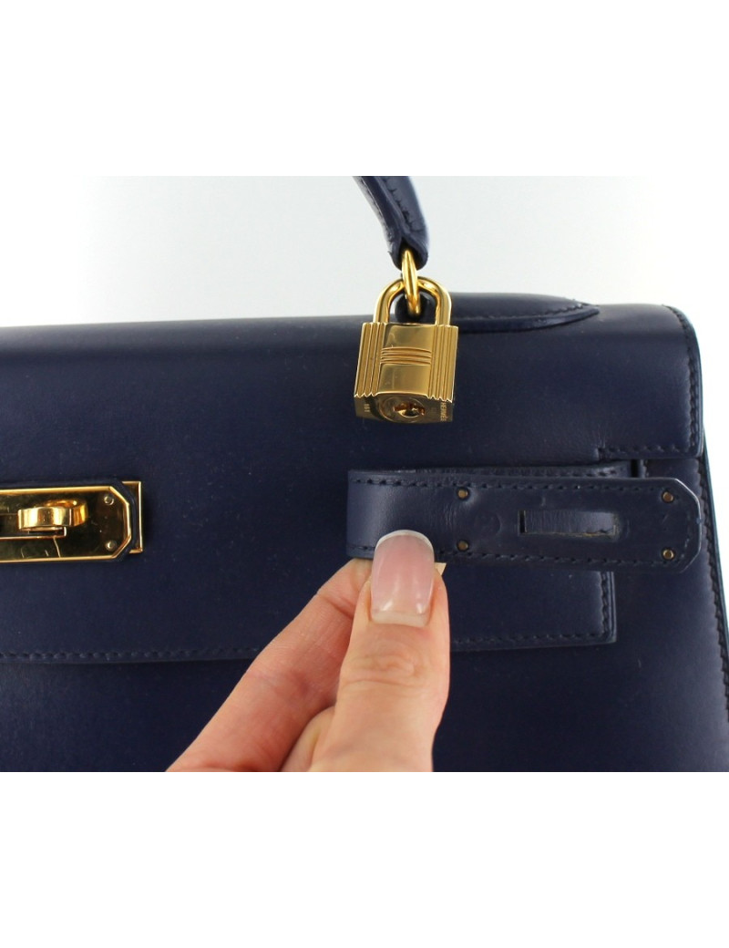 KELLY 32 HERMES cuir box bleu marine coutures sellier