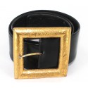 CHANEL leather belt black Golden Square buckle