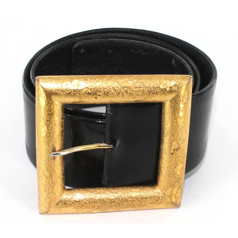 CHANEL leather belt black Golden Square buckle - VALOIS VINTAGE PARIS