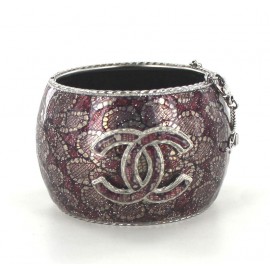 CHANEL cuff steel and resin printed pink flowers