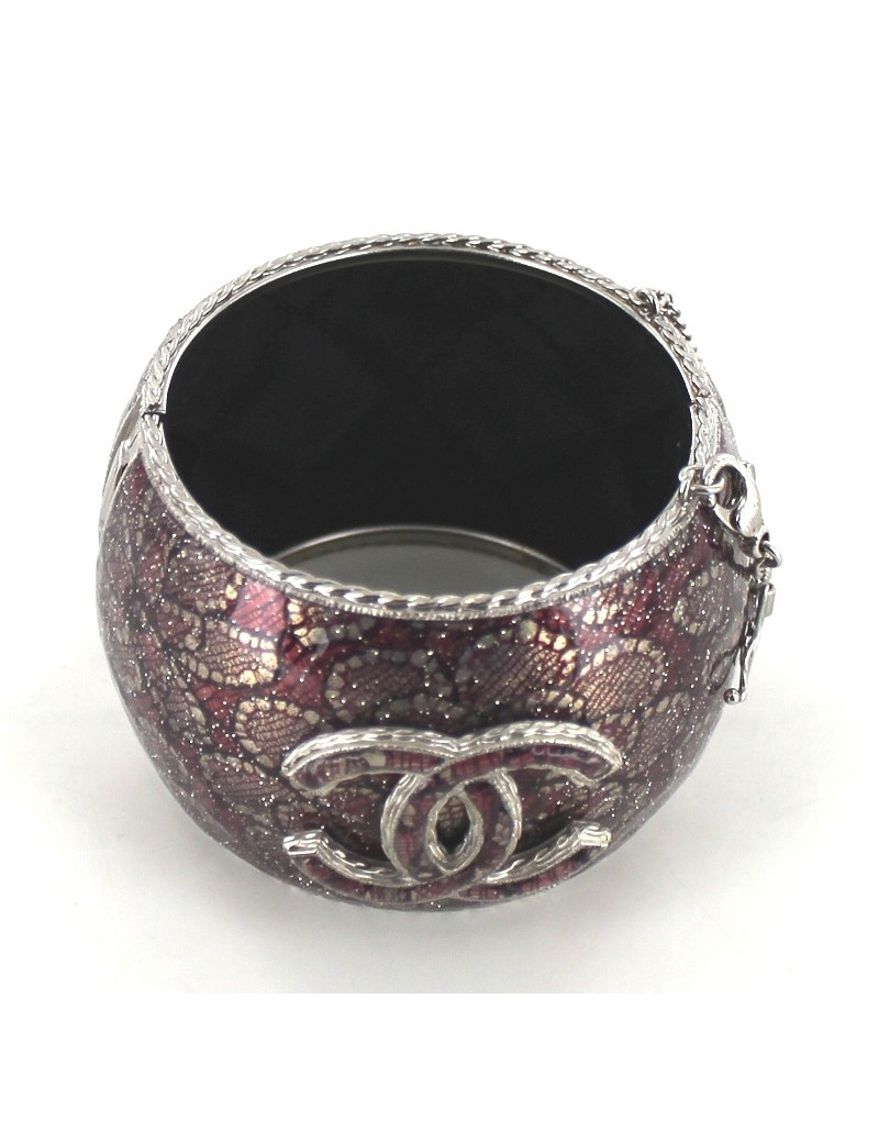 Manchette CHANELen acier et résine imprimé fleurs roses