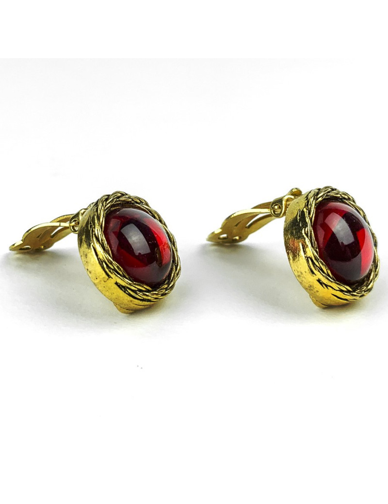 Clips CHANEL rouge vintage rondes vintage or et pate de verre