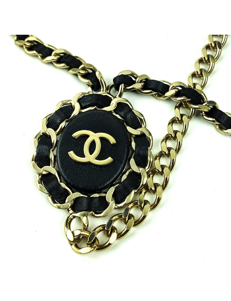 Sautoir CHANEL cuir noir et chaine argentée