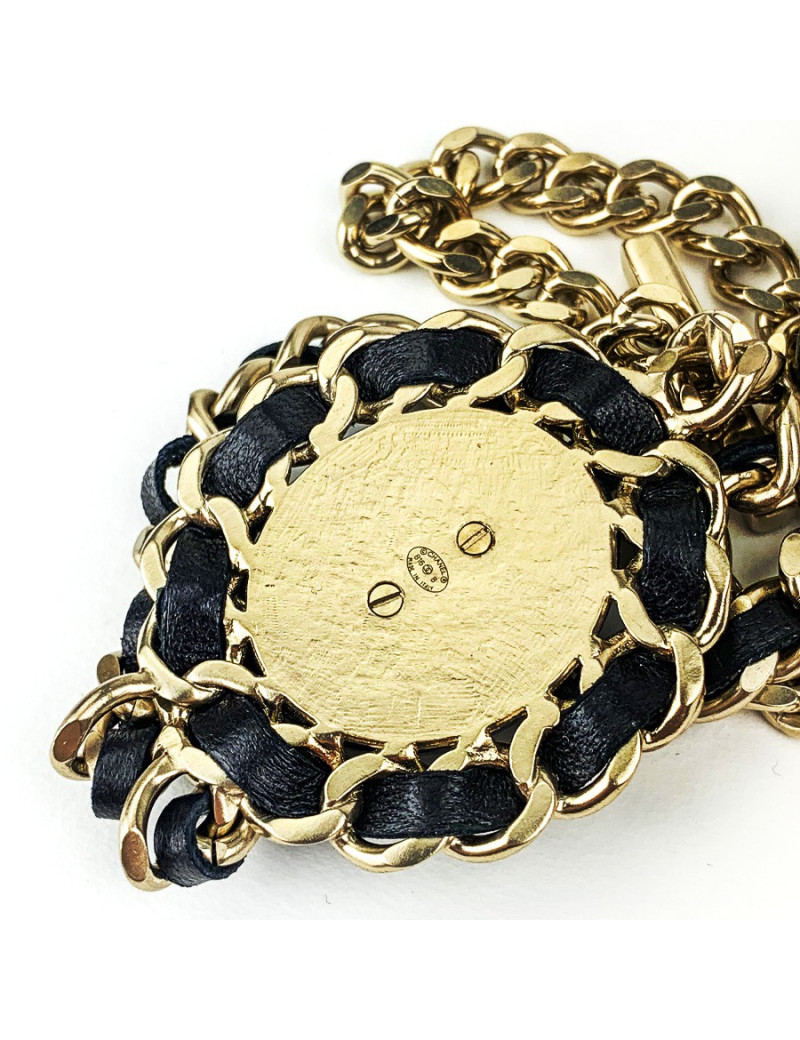 Sautoir CHANEL cuir noir et chaine argentée