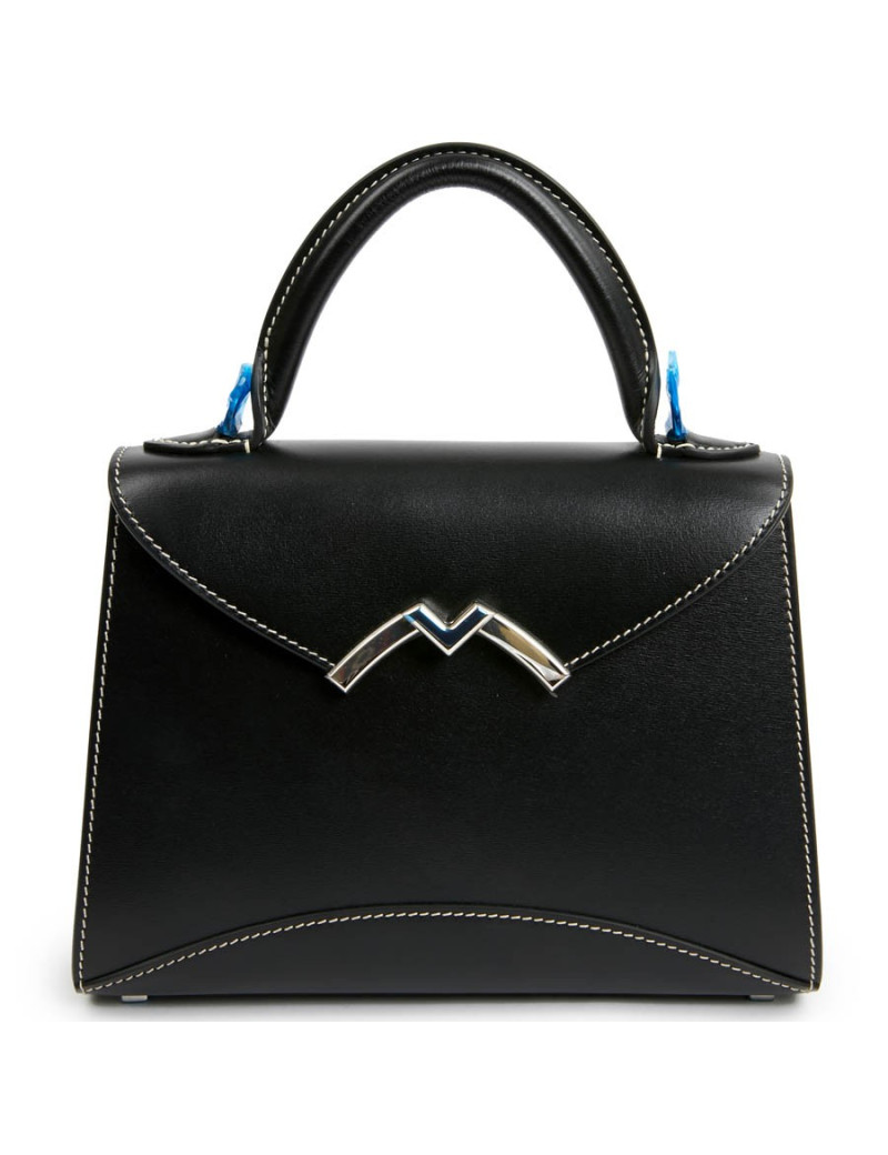 Sac Gabrielle MOYNAT cuir lisse noir surpiqué blanc