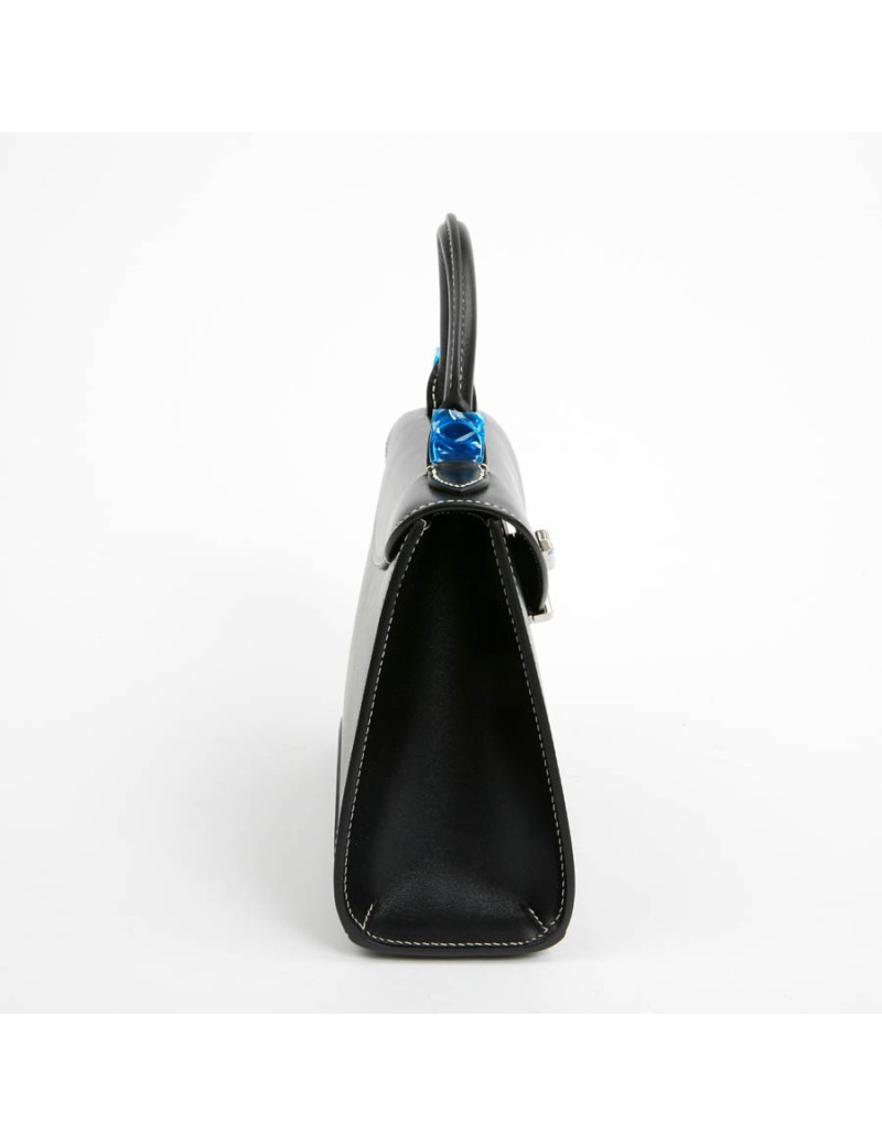 Sac Gabrielle MOYNAT cuir lisse noir surpiqué blanc