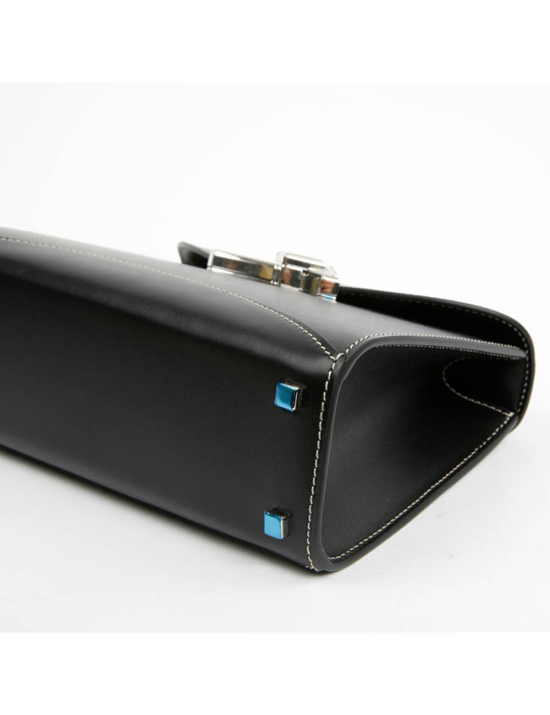 Sac Gabrielle MOYNAT cuir lisse noir surpiqué blanc