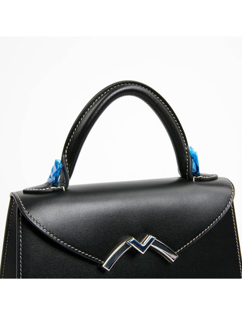 Sac Gabrielle MOYNAT cuir lisse noir surpiqué blanc