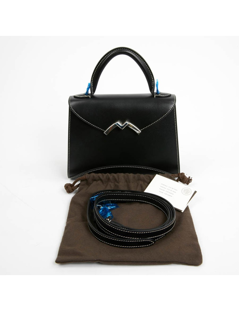 Sac Gabrielle MOYNAT cuir lisse noir surpiqué blanc