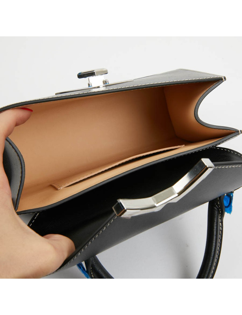 Sac Gabrielle MOYNAT cuir lisse noir surpiqué blanc