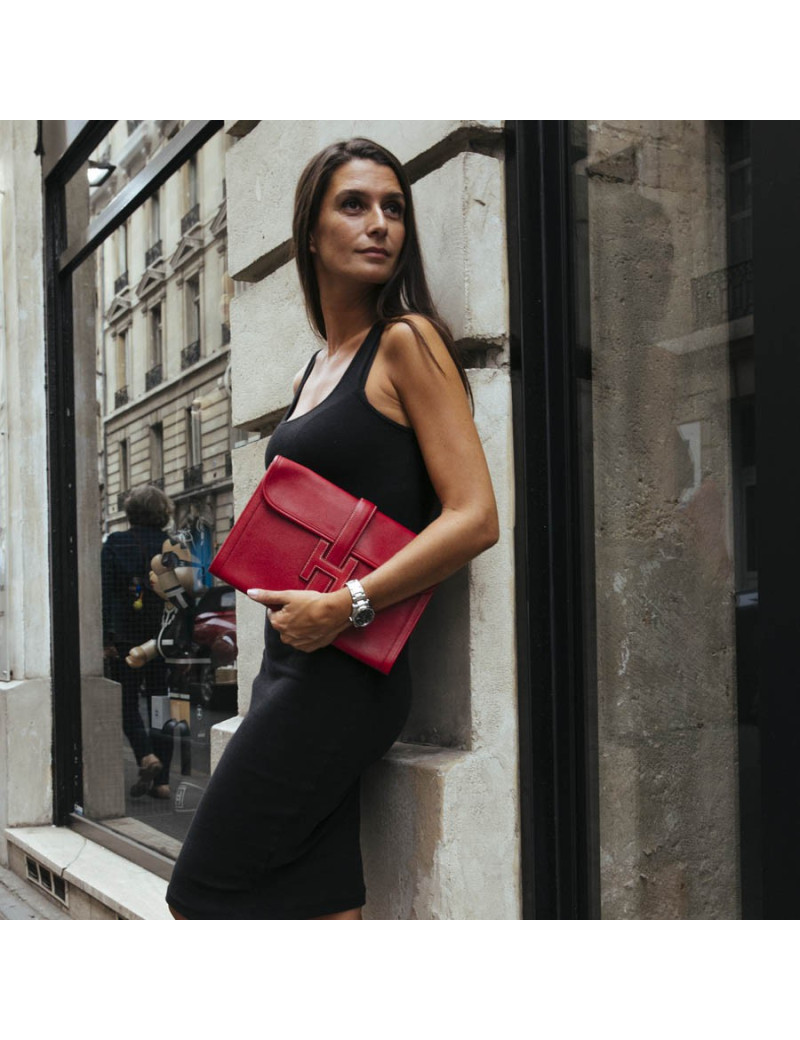 Hermes Jige pouch in red grained leather