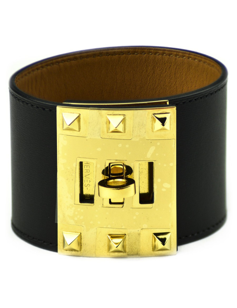 Bracelet Extrême HERMES cuir noir mat
