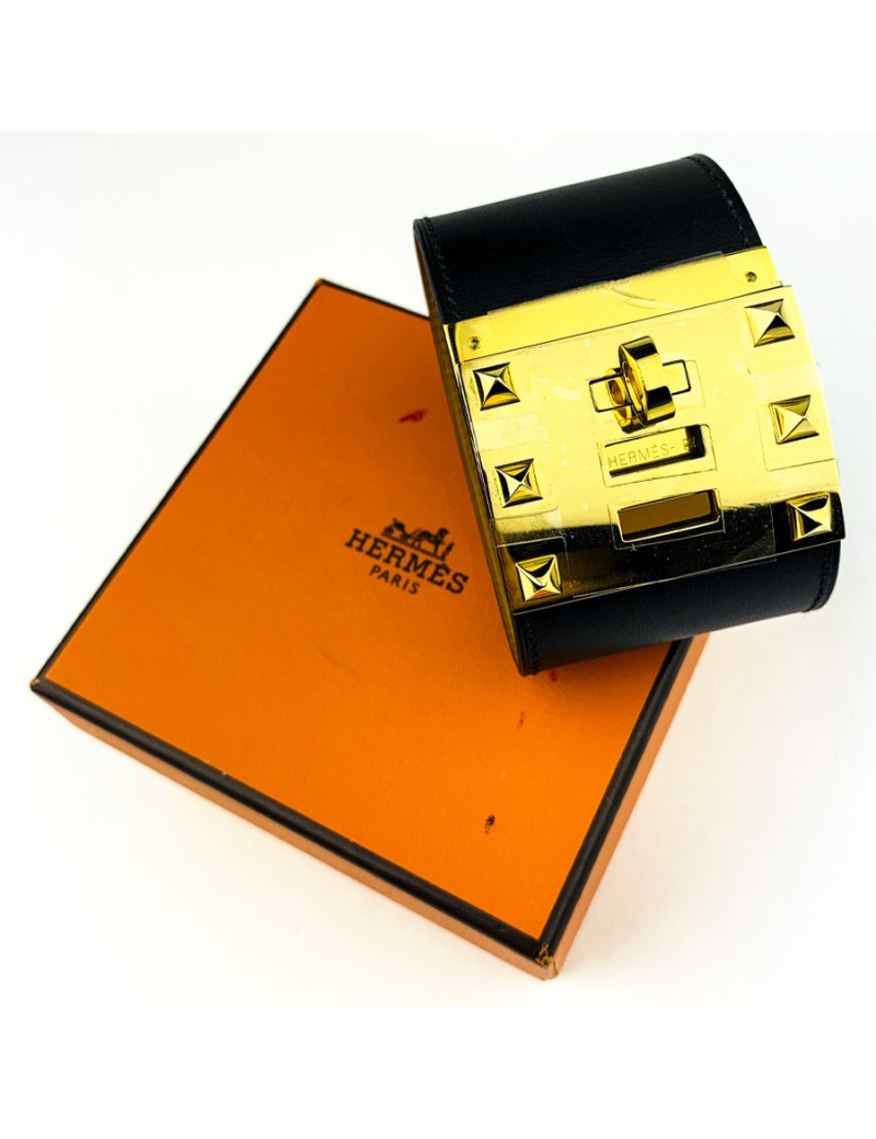 Bracelet Extrême HERMES cuir noir mat