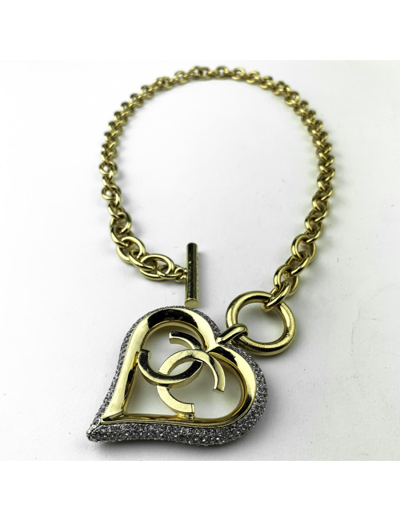 Collier coeur CHANEL métal doré et strass