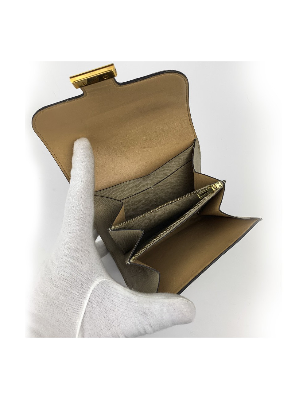 Portefeuille Constance compact HERMES cuir Epsom taupe