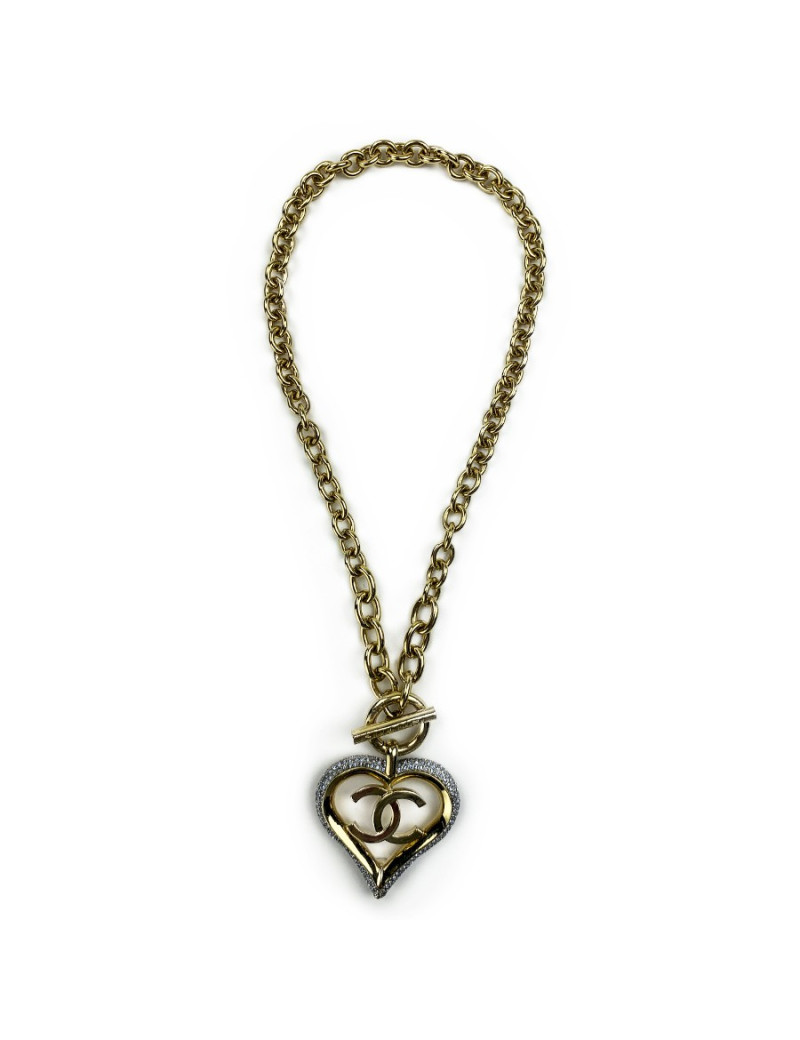 Collier coeur CHANEL métal doré et strass