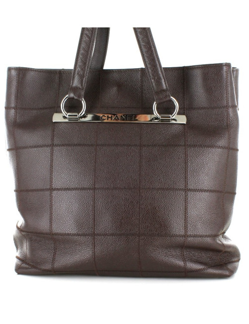 Sac CHANEL cabas en cuir grainé marron foncé