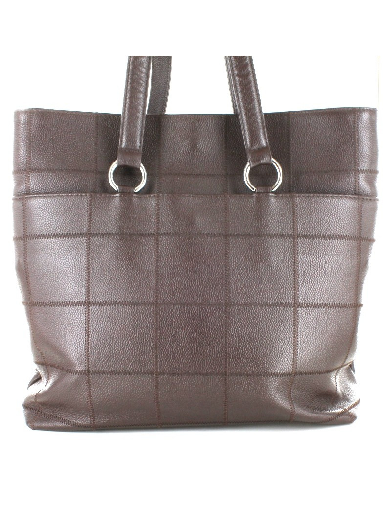 Sac CHANEL cabas en cuir grainé marron foncé