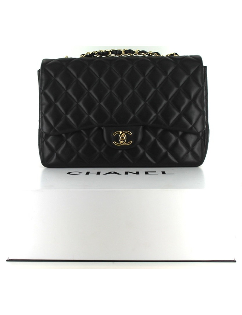 Sac CHANEL jumbo en cuir d'agneau noir et chaîne dorée
