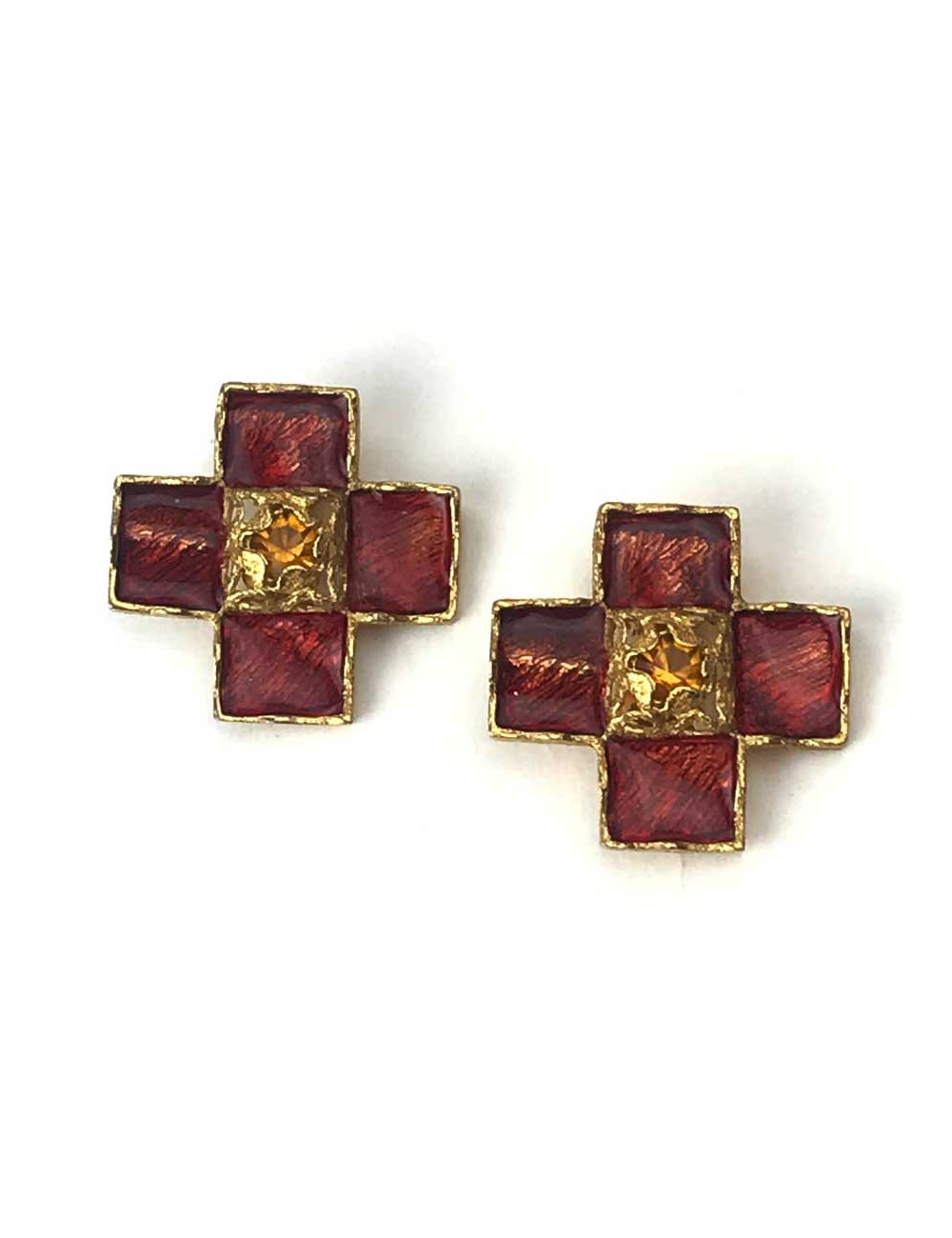 Clips YVES SAINT LAURENT croix patte de verre rouge