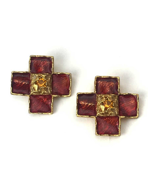 BO clips YSL croix pate de verre rouge
