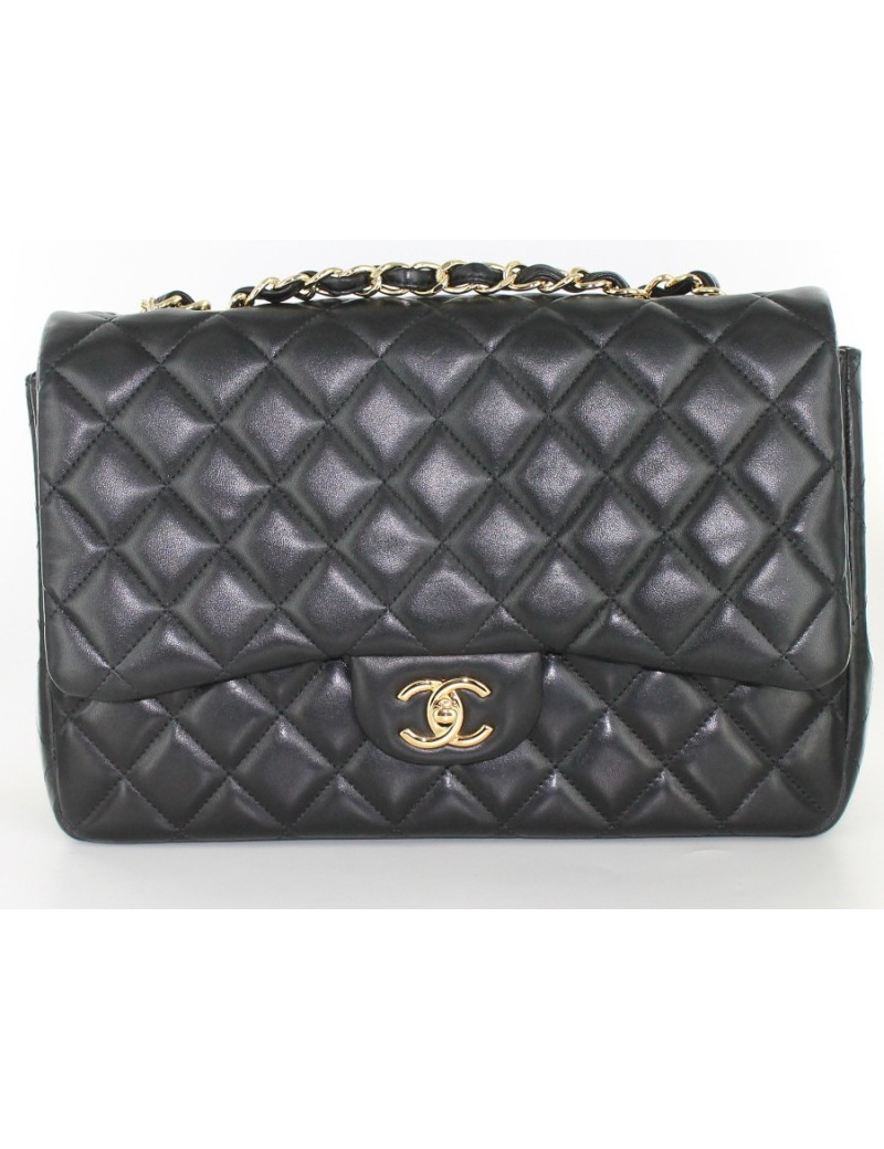 Sac CHANEL jumbo en cuir d'agneau noir et chaîne dorée