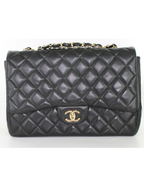 Sac CHANEL jumbo en cuir d'agneau noir et chaîne dorée