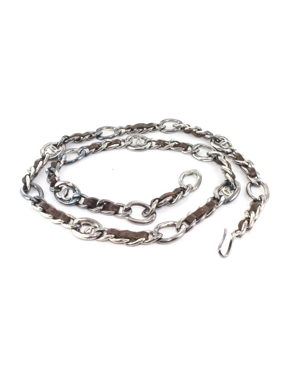 Ceinture CHANEL chaîne en cuir marron et métal argenté vieilli