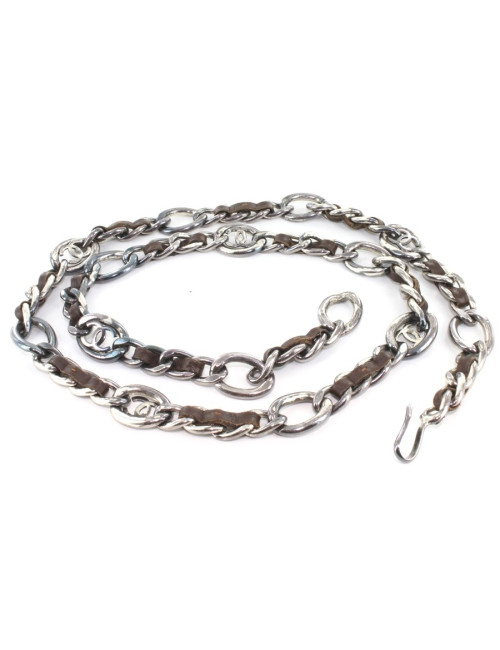 Ceinture CHANEL chaîne en cuir marron et métal argenté vieilli