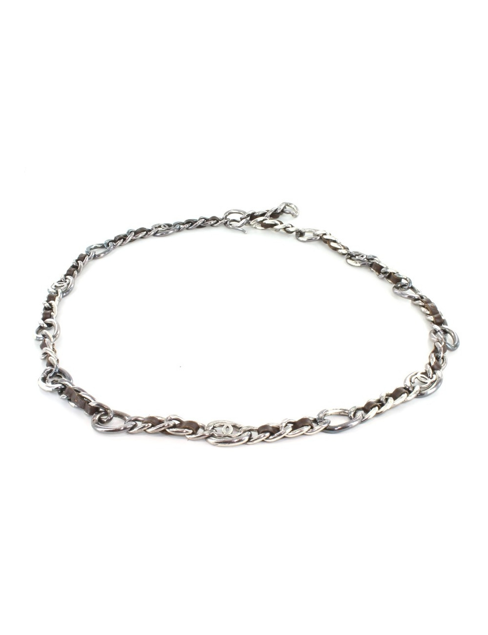 Ceinture CHANEL chaîne en cuir marron et métal argenté vieilli