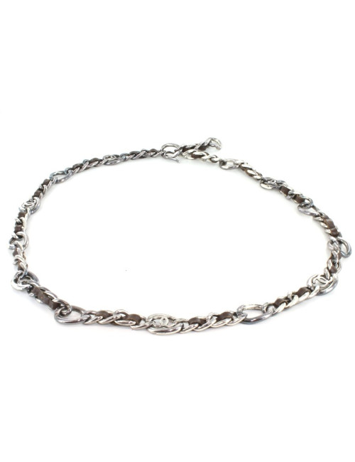 Ceinture CHANEL chaîne en cuir marron et métal argenté vieilli