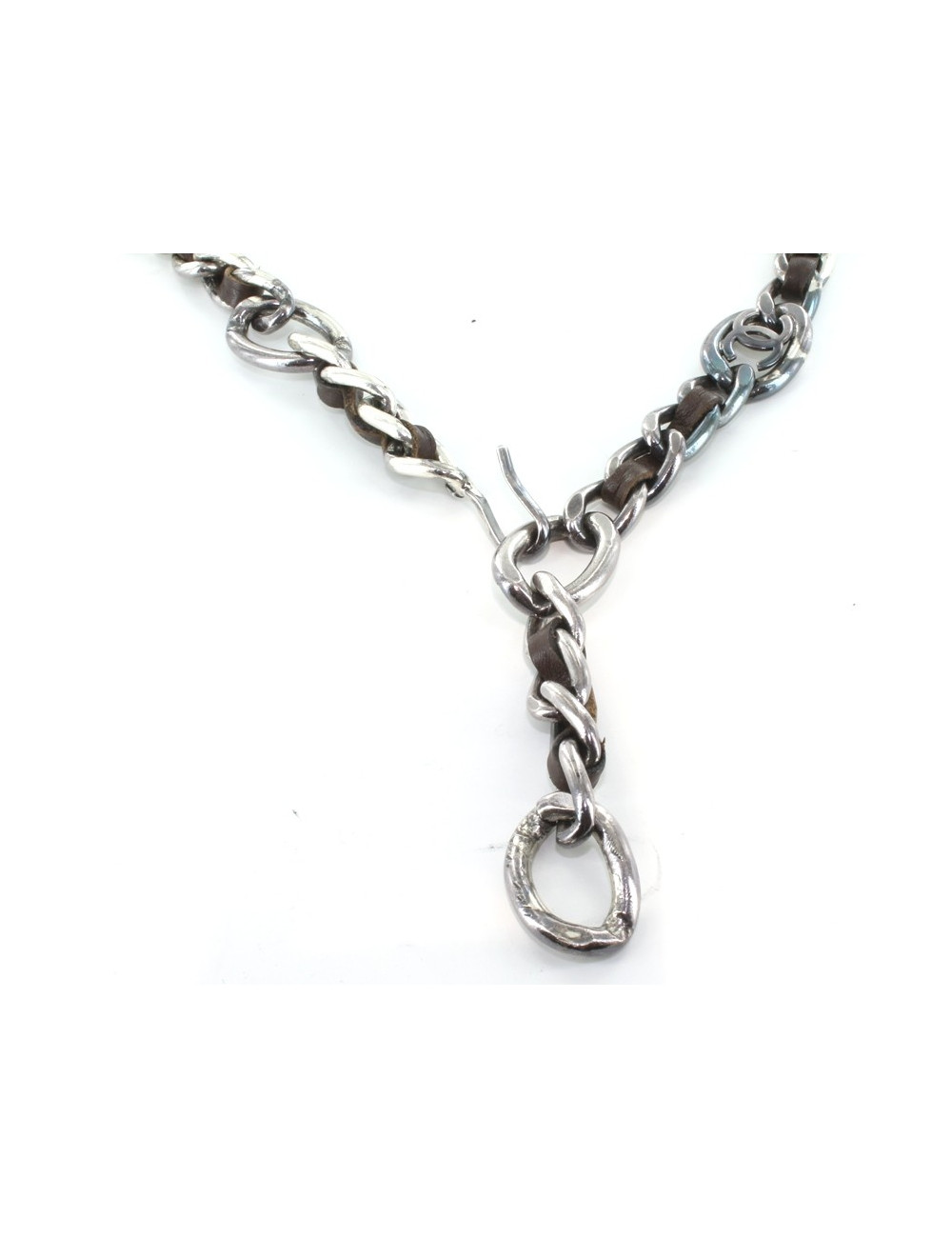 Ceinture CHANEL chaîne en cuir marron et métal argenté vieilli