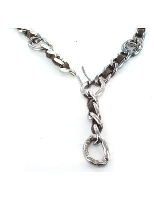 Ceinture CHANEL chaîne en cuir marron et métal argenté vieilli