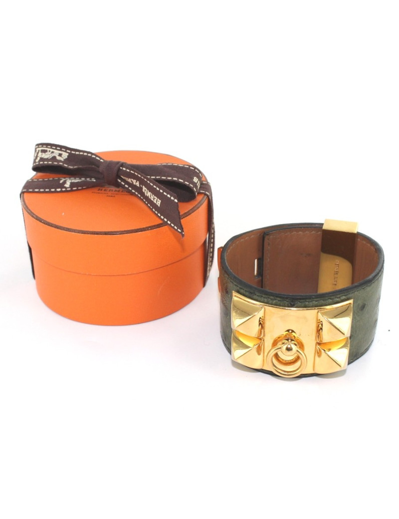 Manchette HERMES collier de chien en autruche kaki et doré