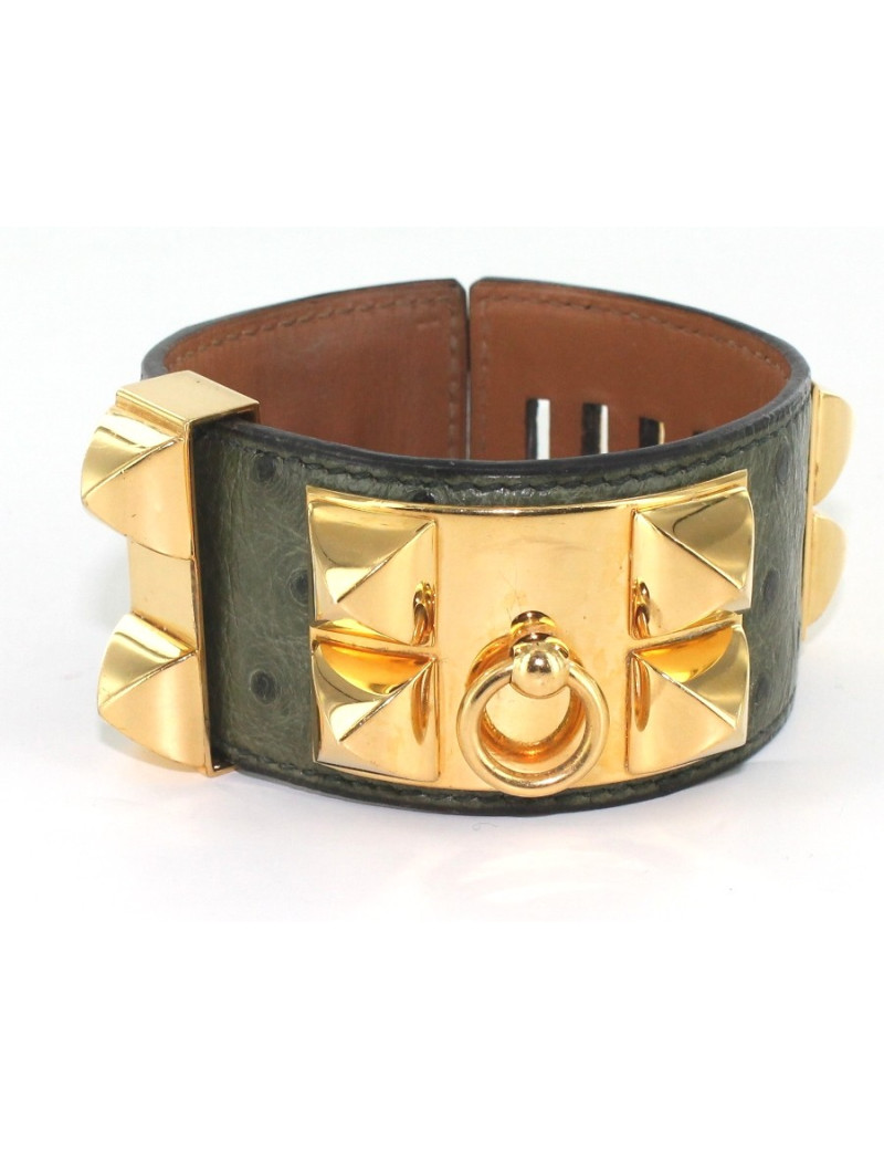 Manchette HERMES collier de chien en autruche kaki et doré