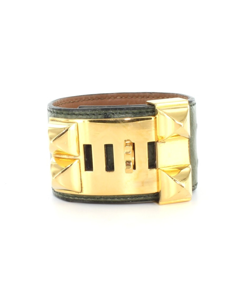 Manchette HERMES collier de chien en autruche kaki et doré