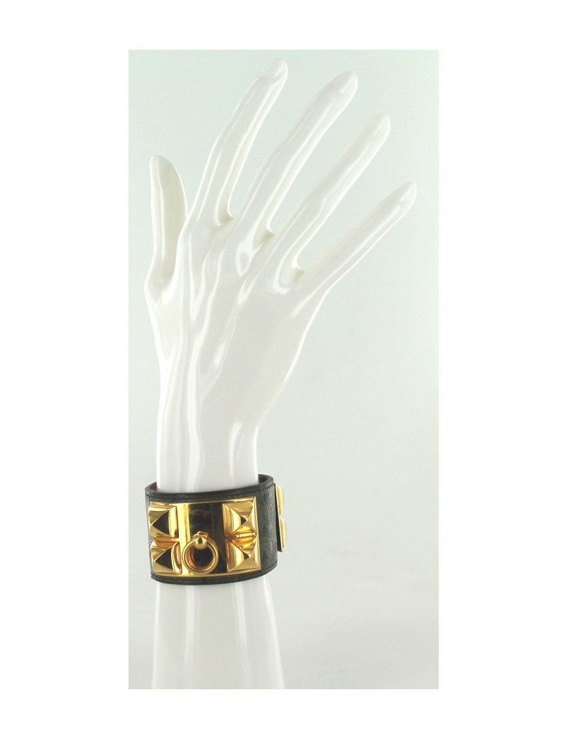 Manchette HERMES collier de chien en autruche kaki et doré