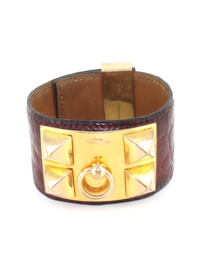 Manchette HERMES collier de chien vintage en crocodile rouge foncé et or