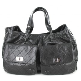 CHANEL bag leather double-pockets grained leather tote black