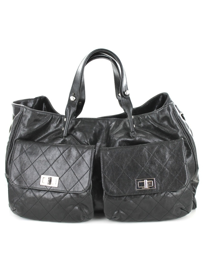 Sac CHANEL cabas en cuir double-poches en cuir grainé noir