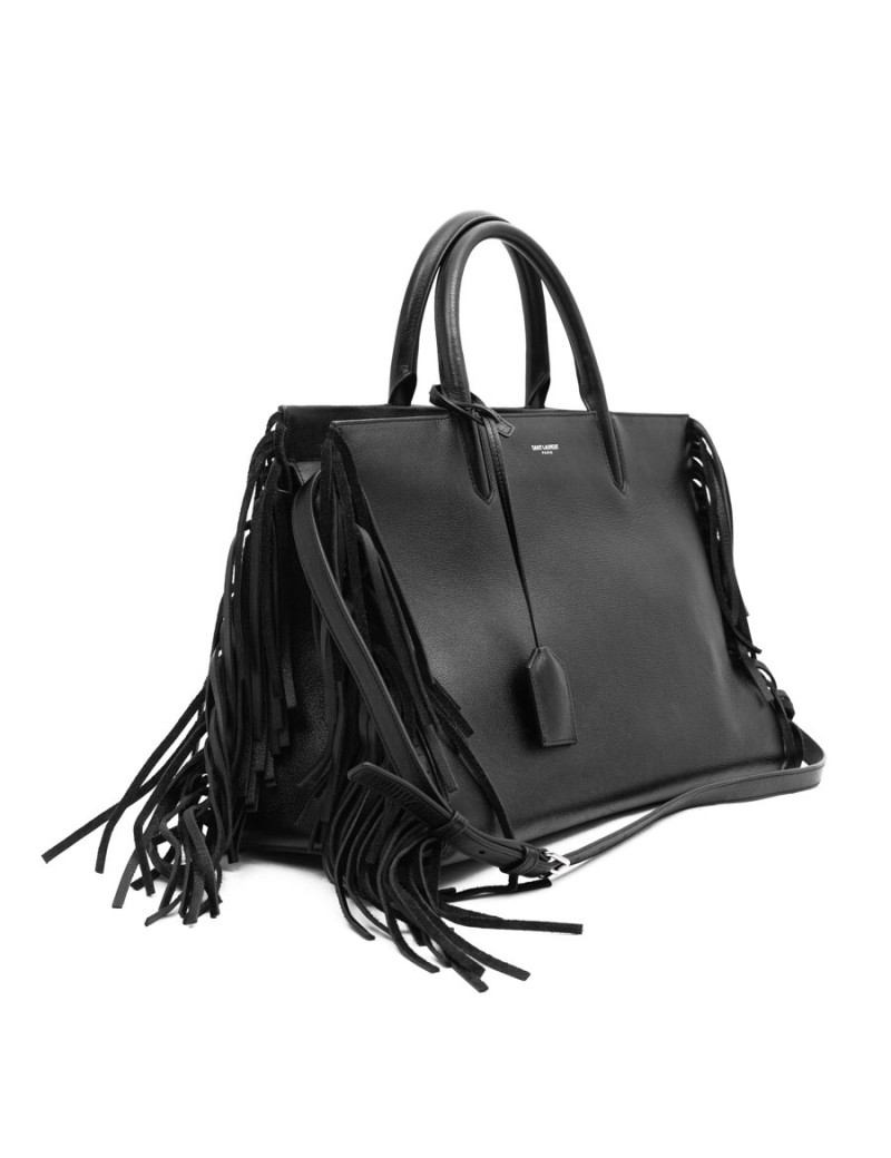 Grand sac Shopping YSL à franges cuir noir