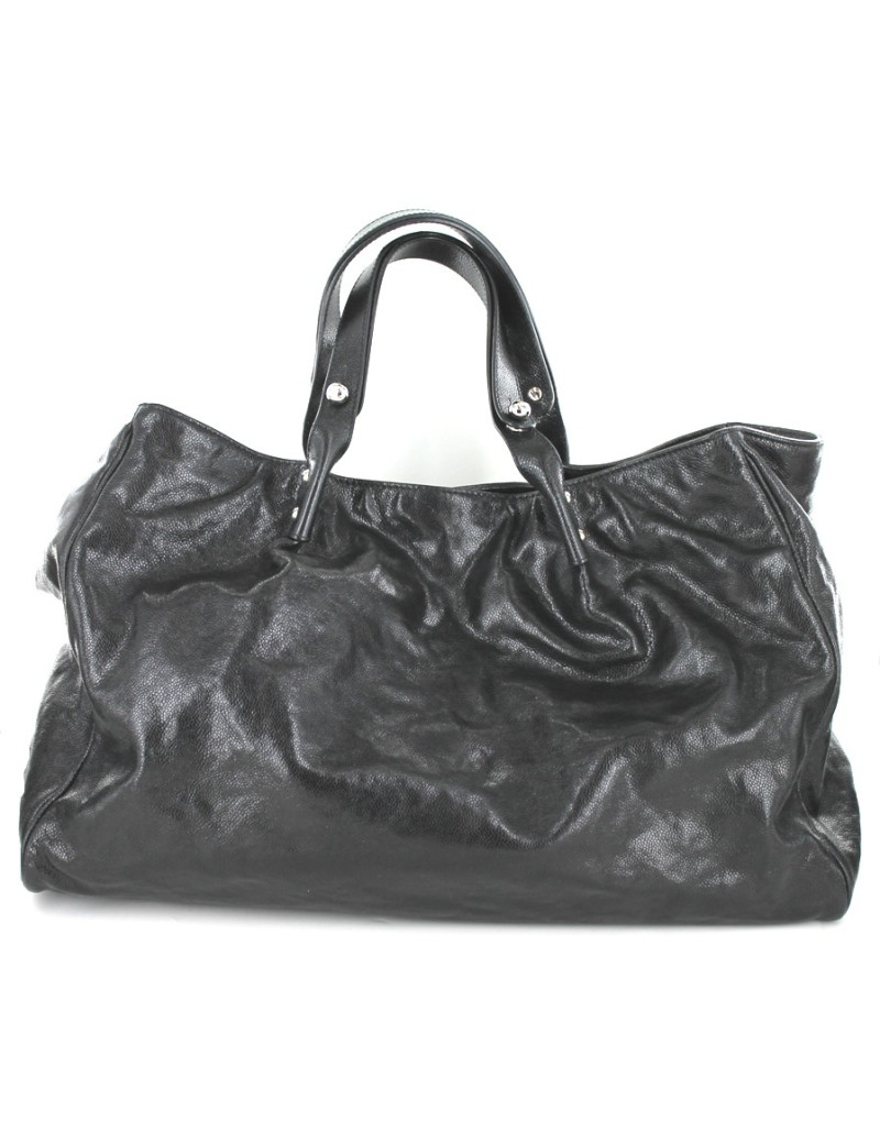 Sac CHANEL cabas en cuir double-poches en cuir grainé noir