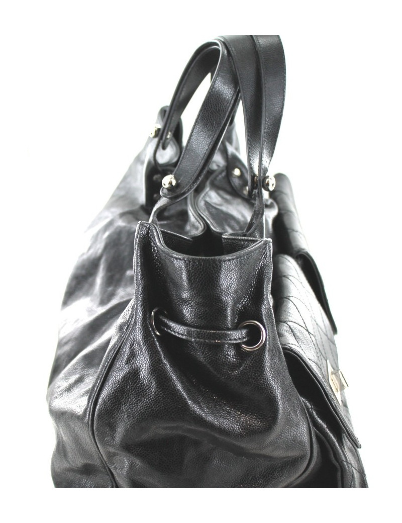 Sac CHANEL cabas en cuir double-poches en cuir grainé noir