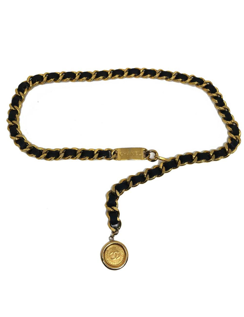 Ceinture plaque CHANEL vintage chaine entrelacée de cuir noir