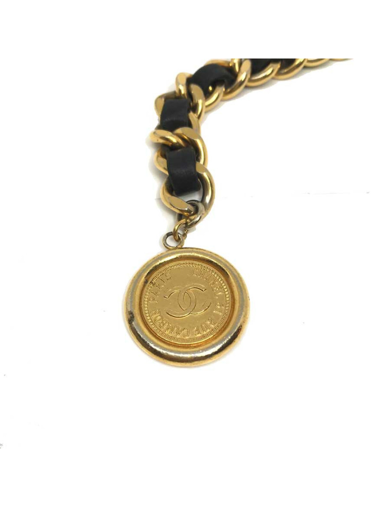 Ceinture plaque CHANEL vintage chaine entrelacée de cuir noir