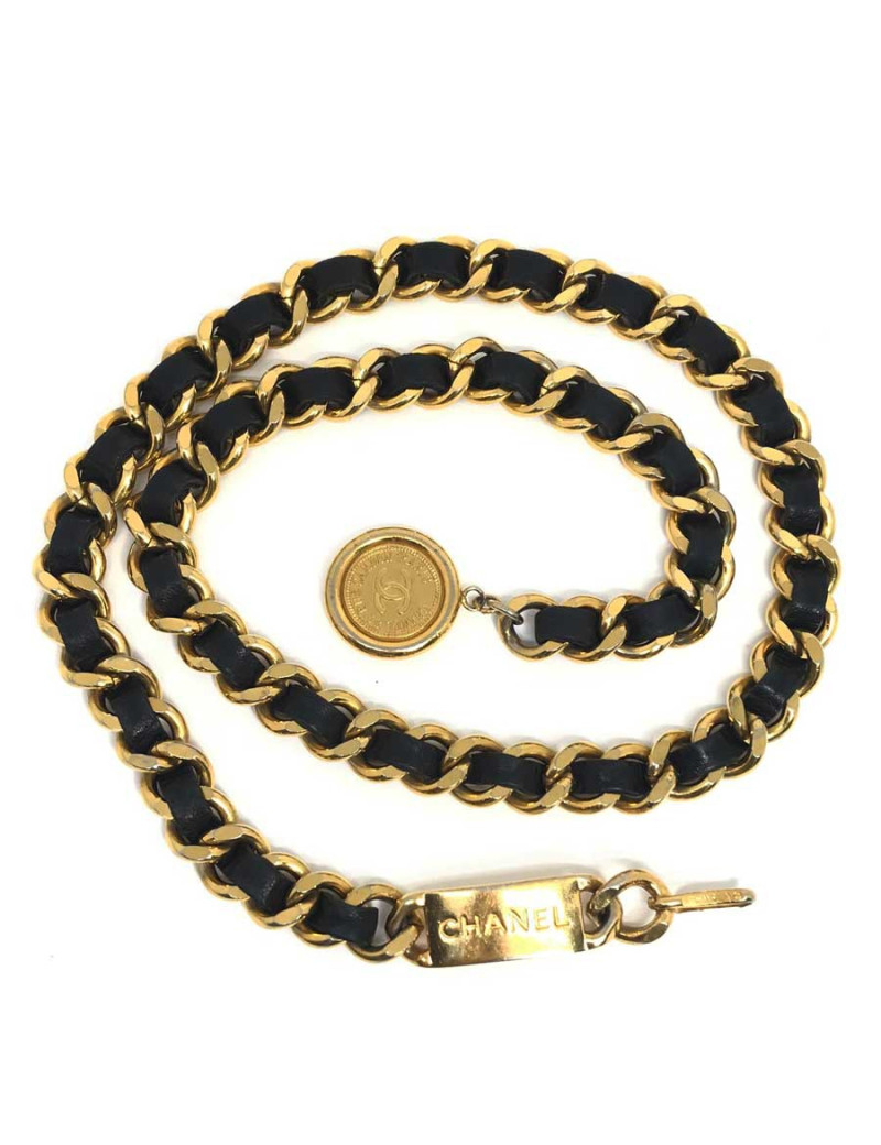 Ceinture Vintage CHANEL chaine entrelacée de cuir noir